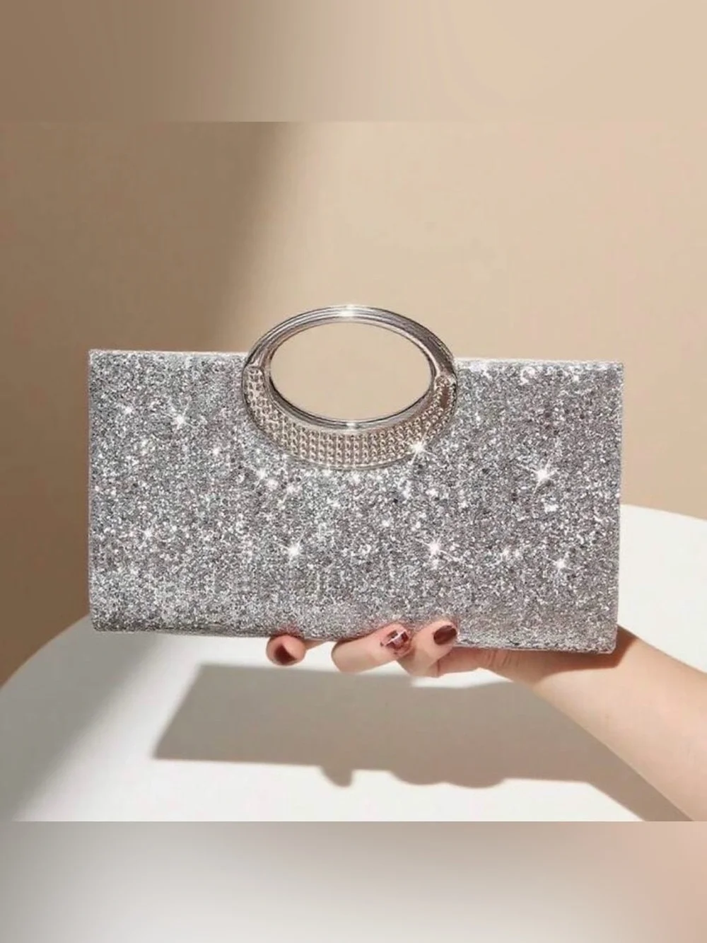 Silver Glitter Evening Clutch with Decorative Handle